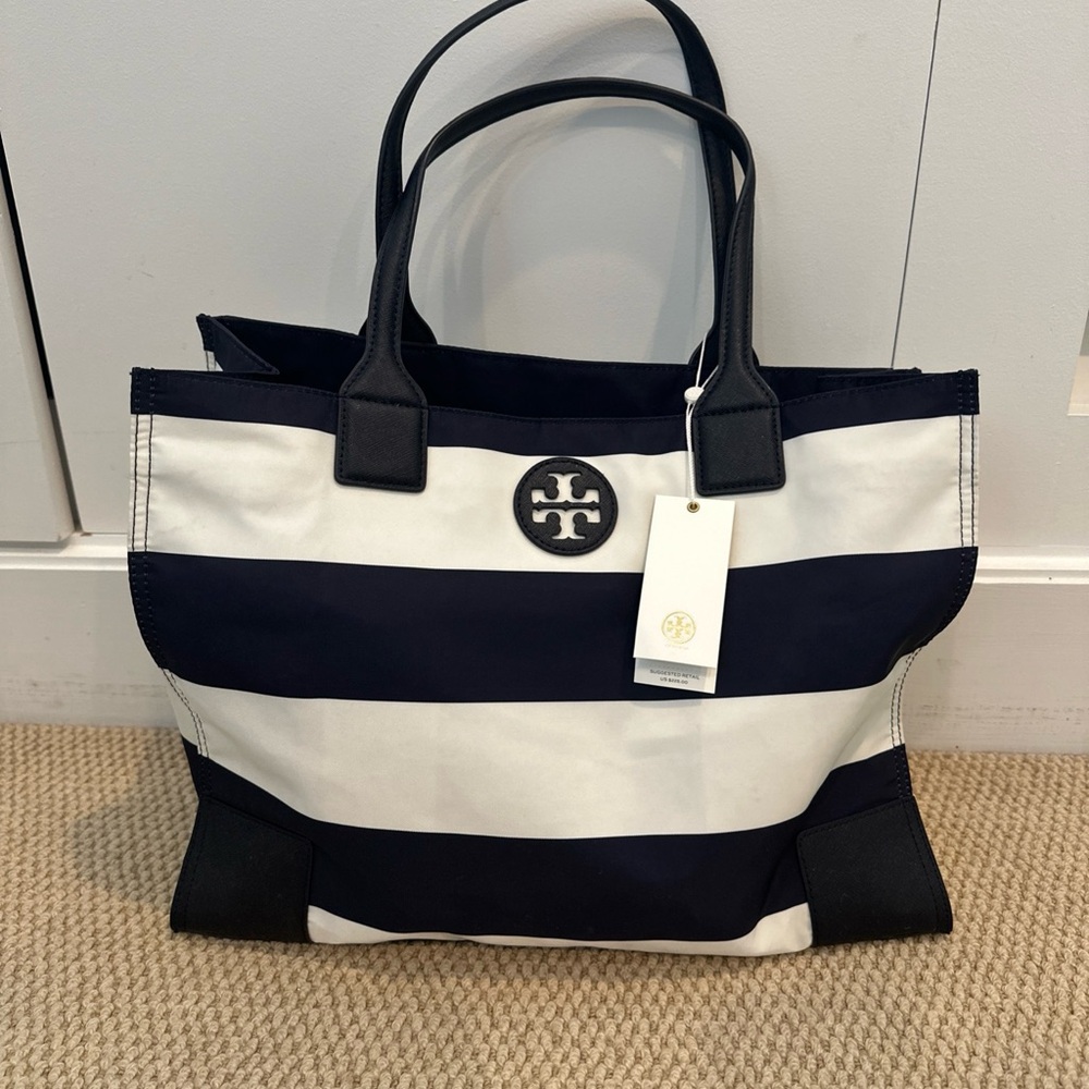 Tory Burch Navy and White Striped Tote